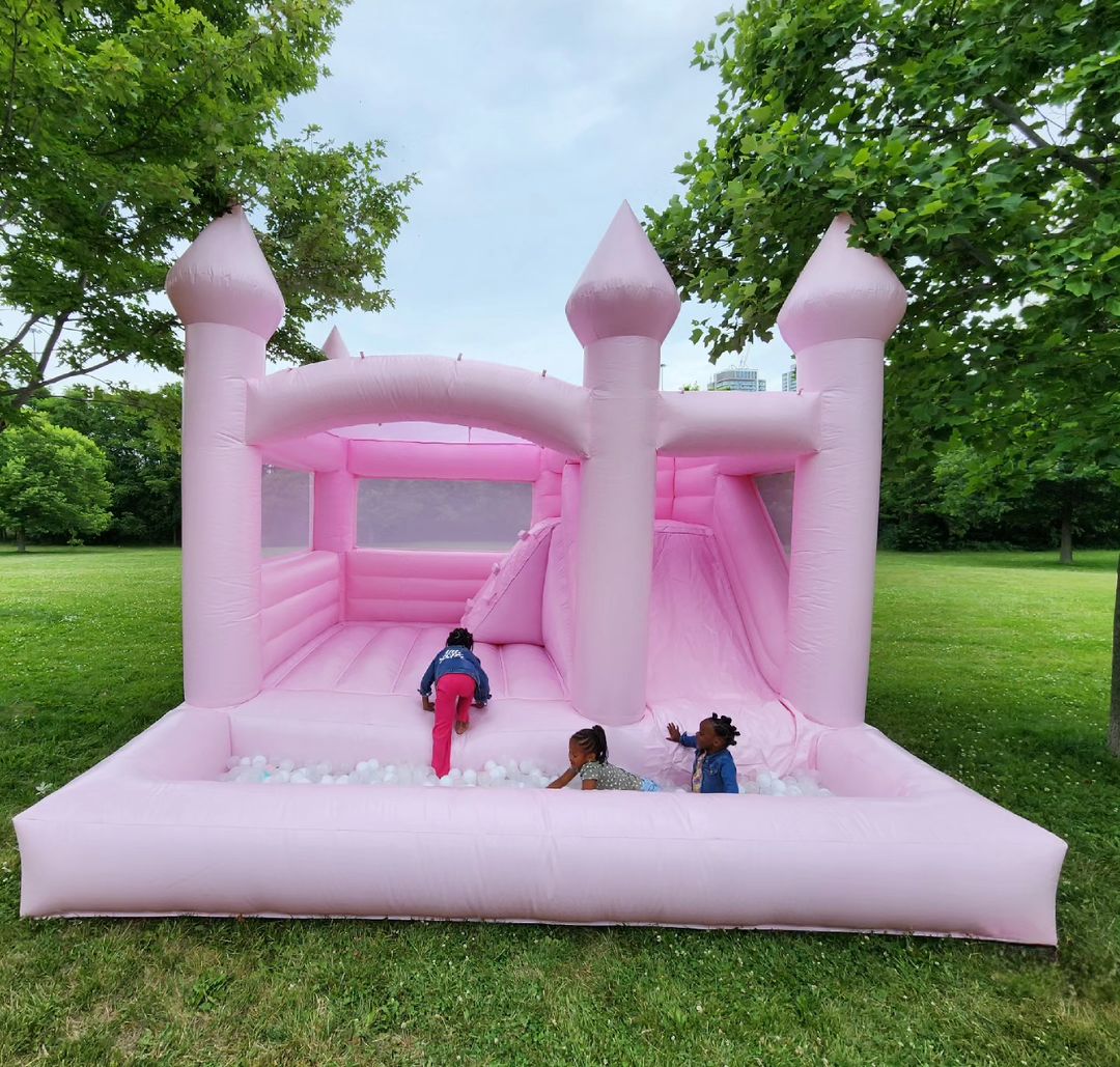 14ft x 14ft Pink Bouncy Castle + Attached Ballpit & Slide