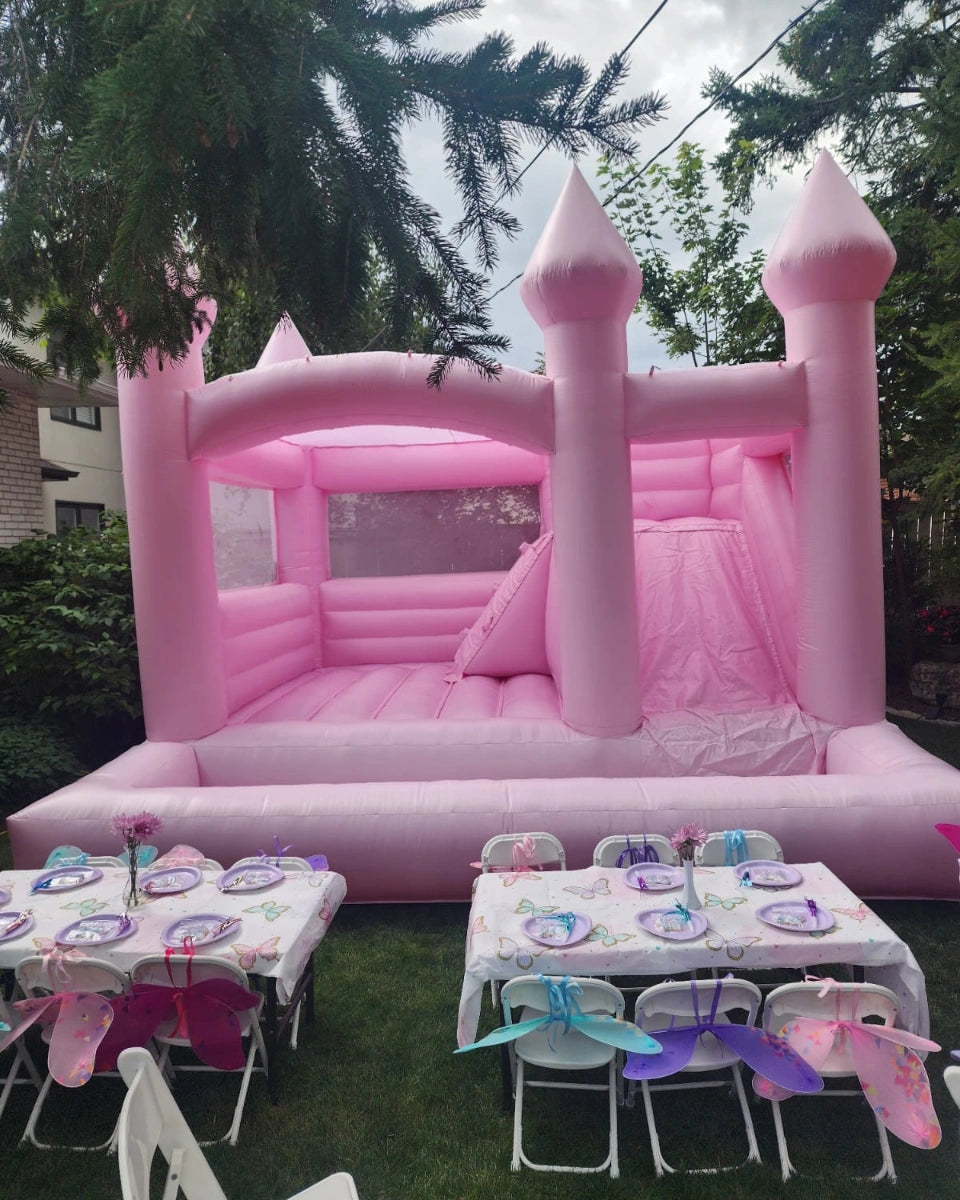 14ft x 14ft Pink Bouncy Castle + Attached Ballpit & Slide - Jayde's Bouncy Castle Rentals