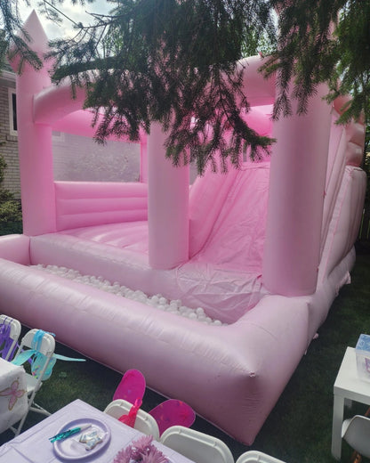 14ft x 14ft Pink Bouncy Castle + Attached Ballpit & Slide - Jayde's Bouncy Castle Rentals