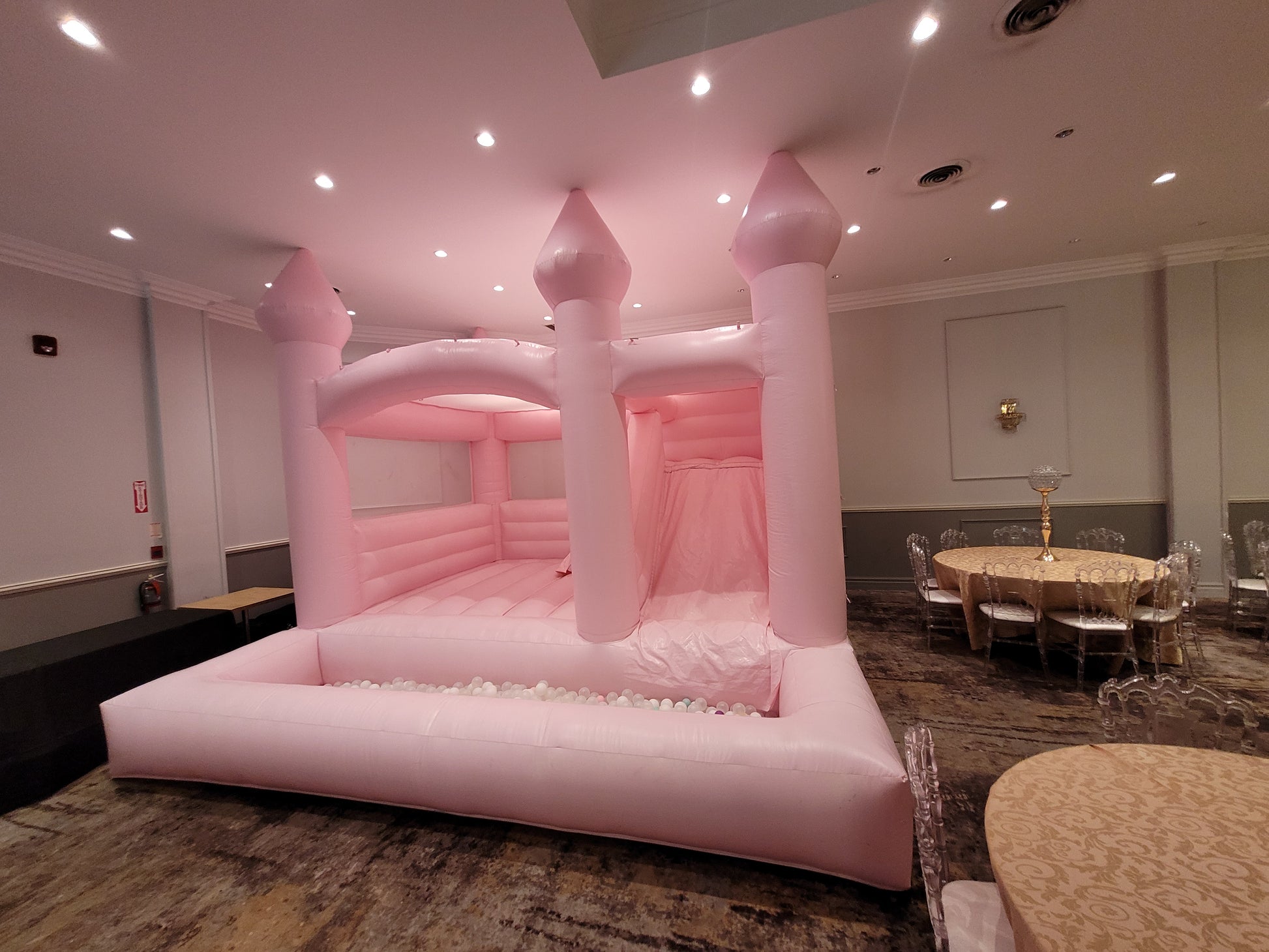 14ft x 14ft Pink Bouncy Castle + Attached Ballpit & Slide - Jayde's Bouncy Castle Rentals