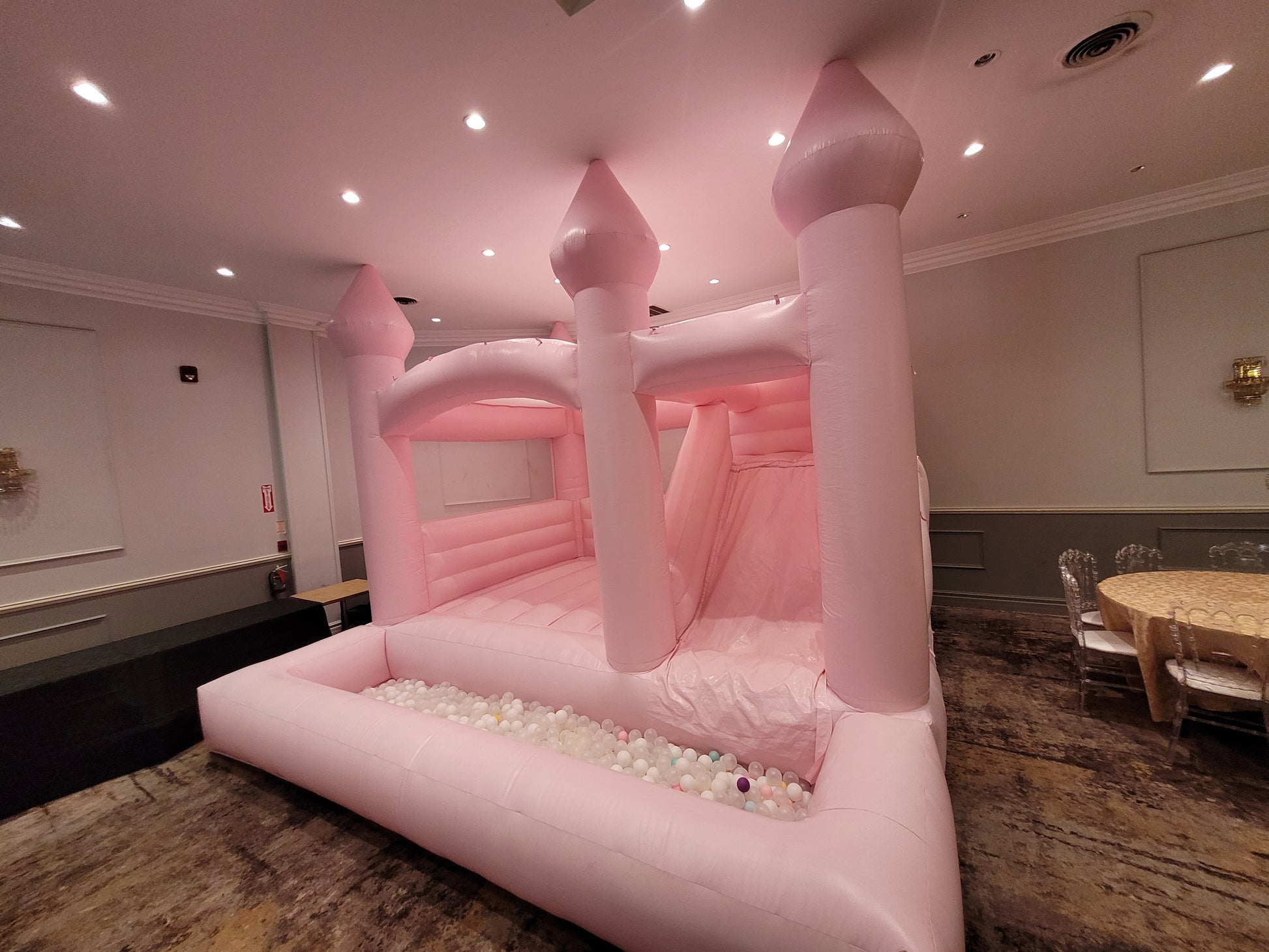 14ft x 14ft Pink Bouncy Castle + Attached Ballpit & Slide - Jayde's Bouncy Castle Rentals