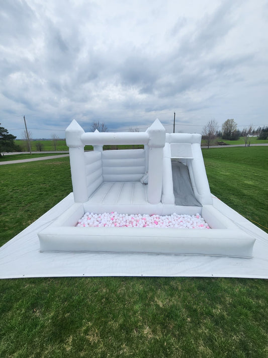 13ft x 13ft White Adult Bouncy Castle + Attached Ballpit & Slide