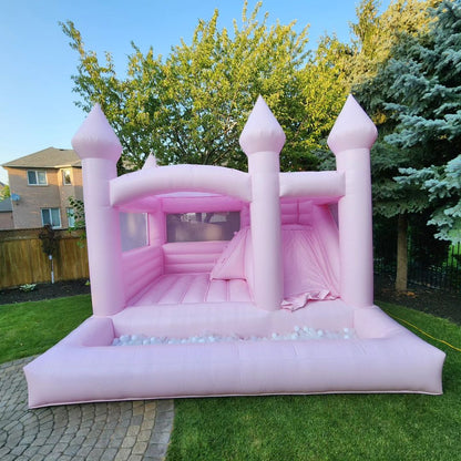 14ft x 14ft Pink Bouncy Castle + Attached Ballpit & Slide